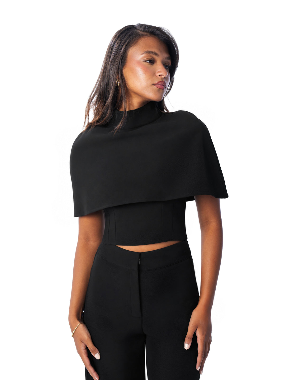 Close view of the black high-neck cape over the corset