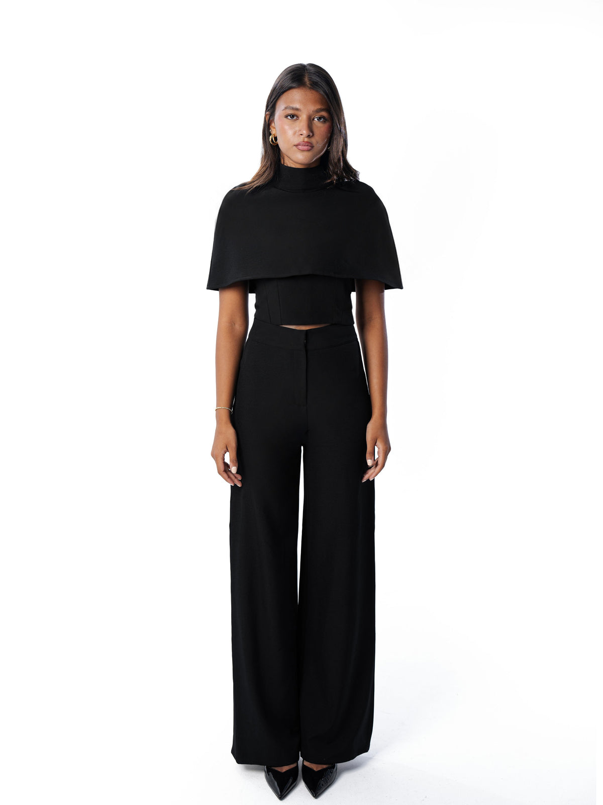 Black cape, corset and wide-leg trouser set, front view