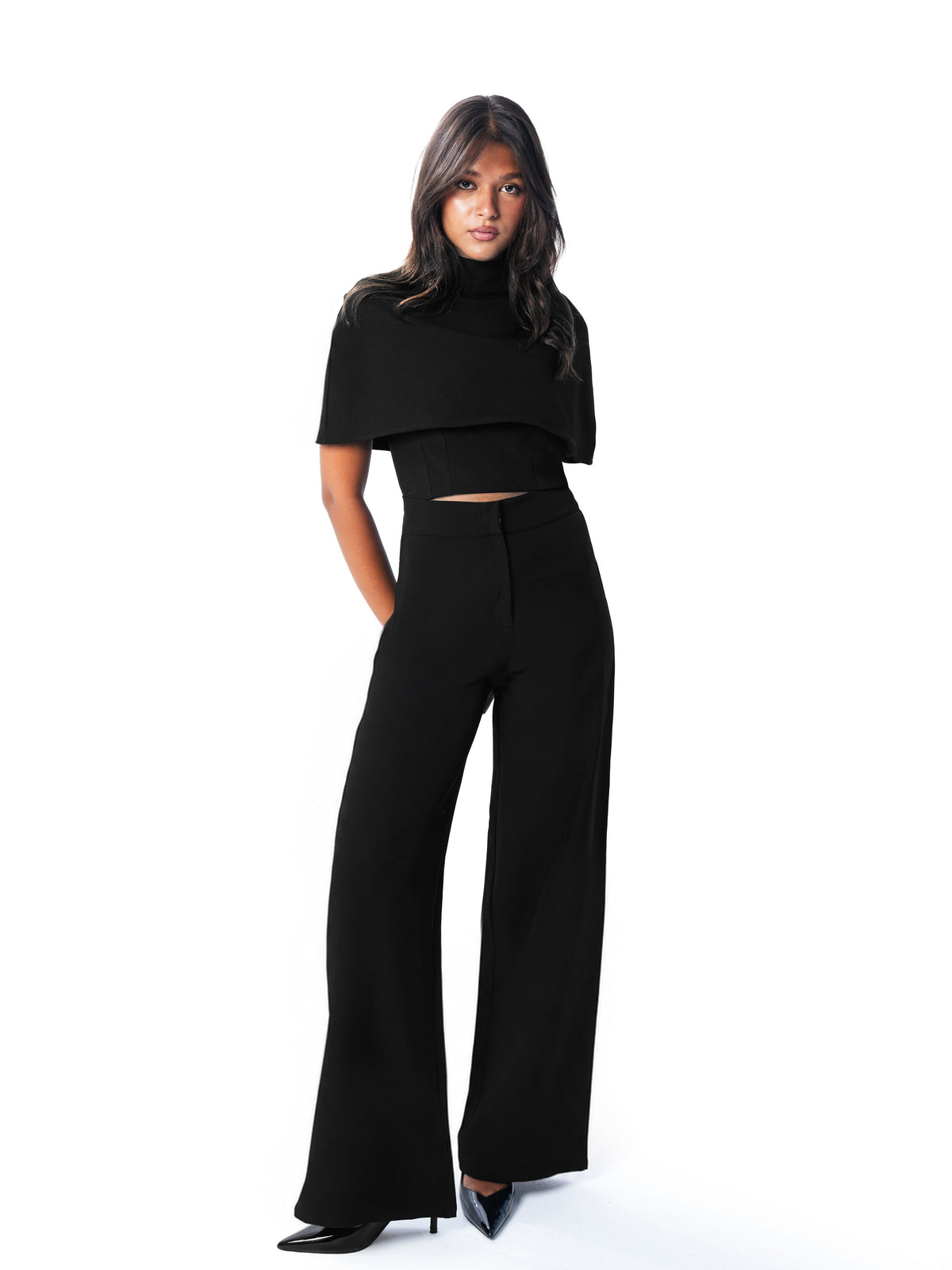 Black three-piece set, front view angled