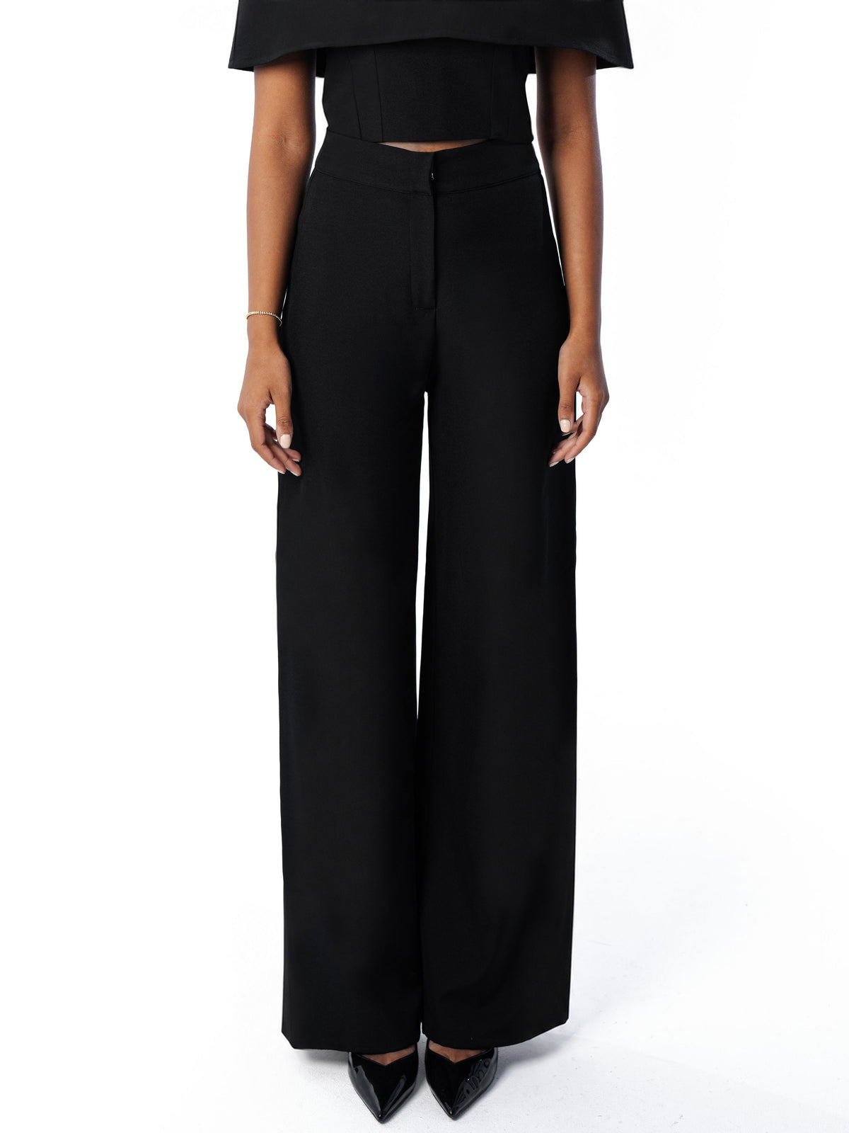Black high-waist wide-leg trouser with notched waistband