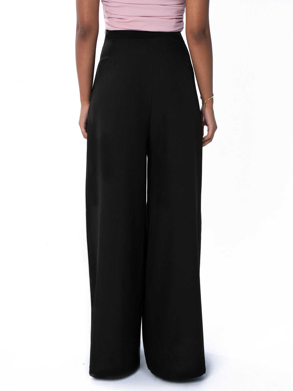 Black pleated wide-leg trouser, back view