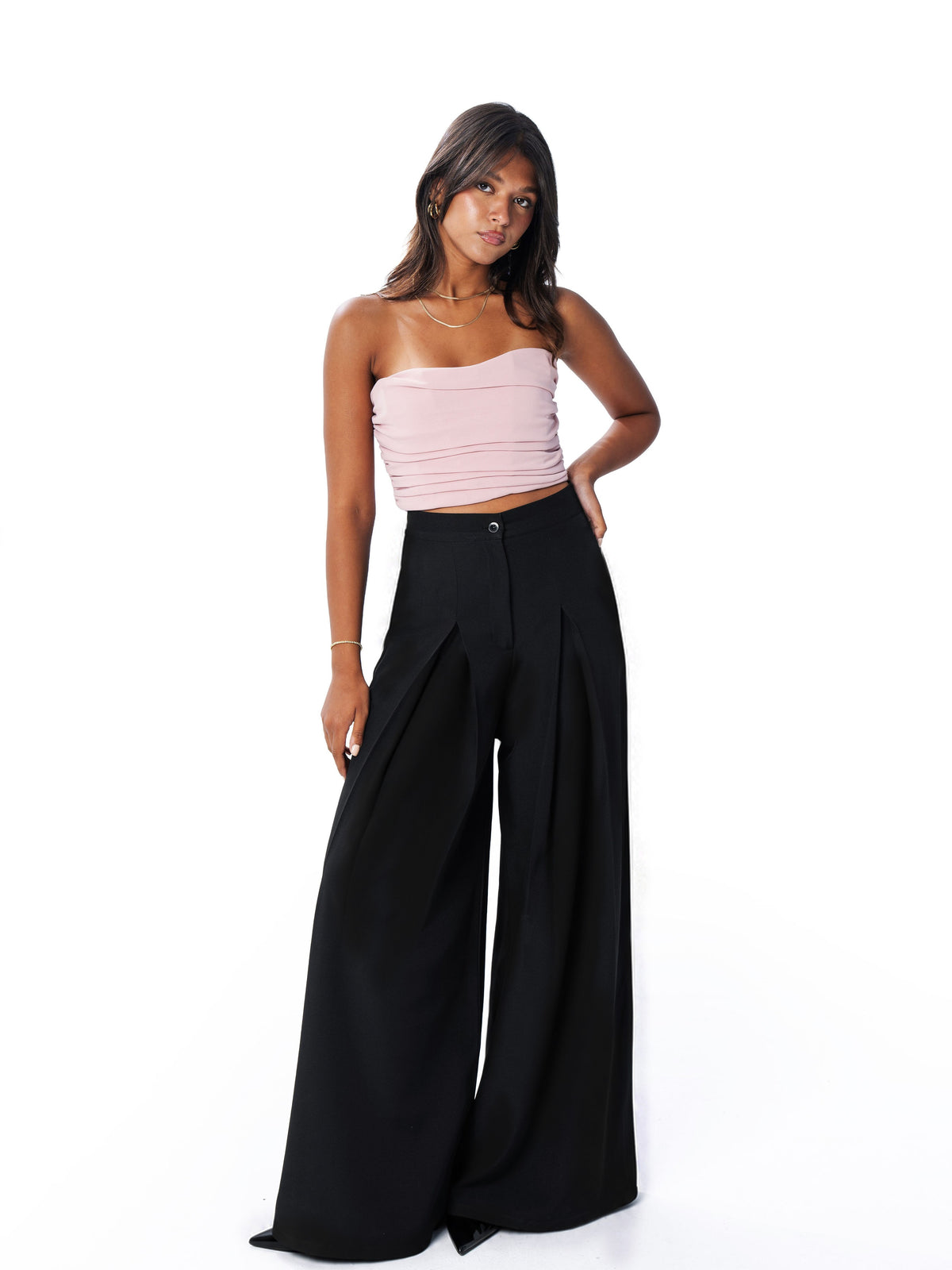 Black pleated wide-leg trouser, front view