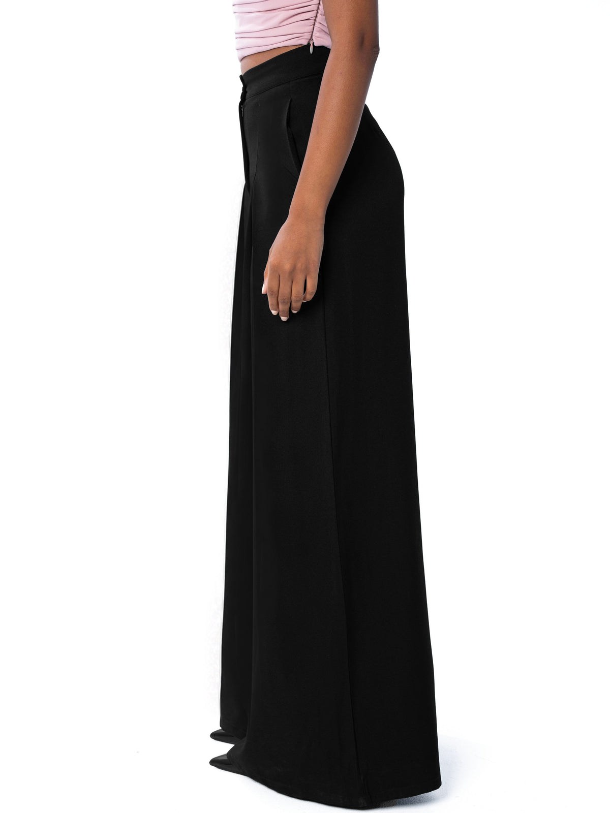 Black pleated wide-leg trouser, side detail
