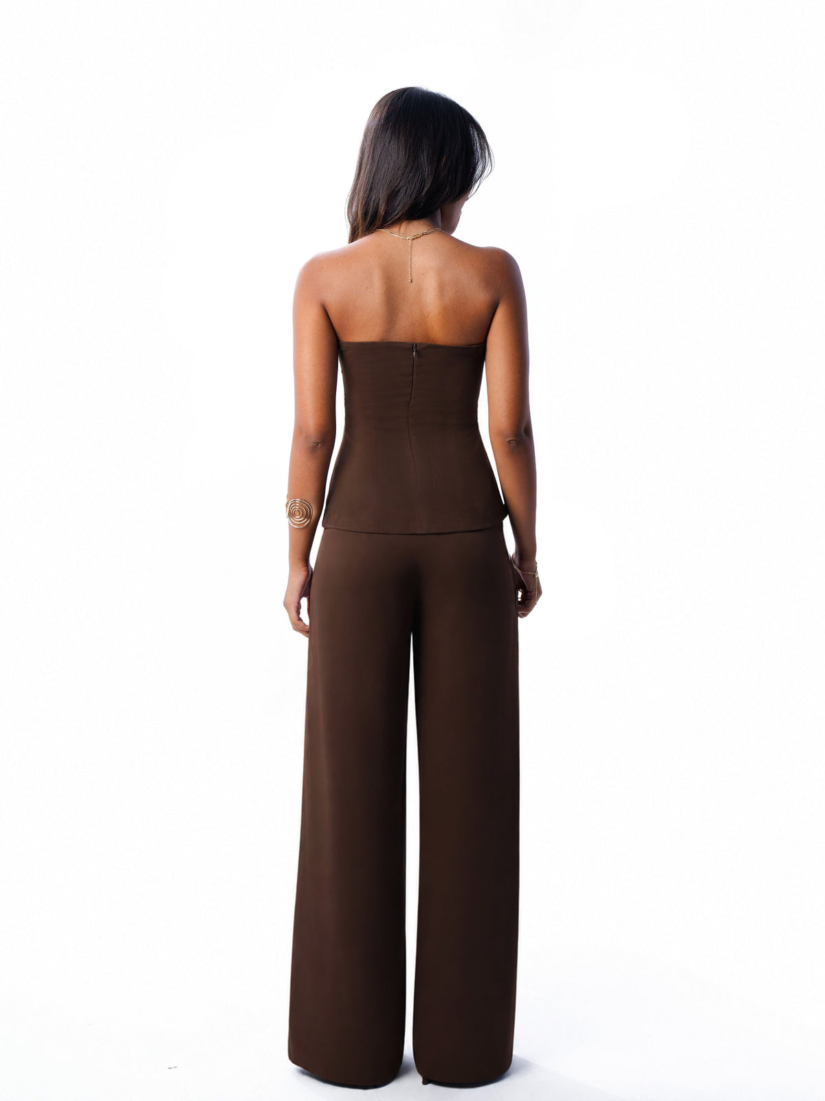 Brown bustier and trouser set, back view