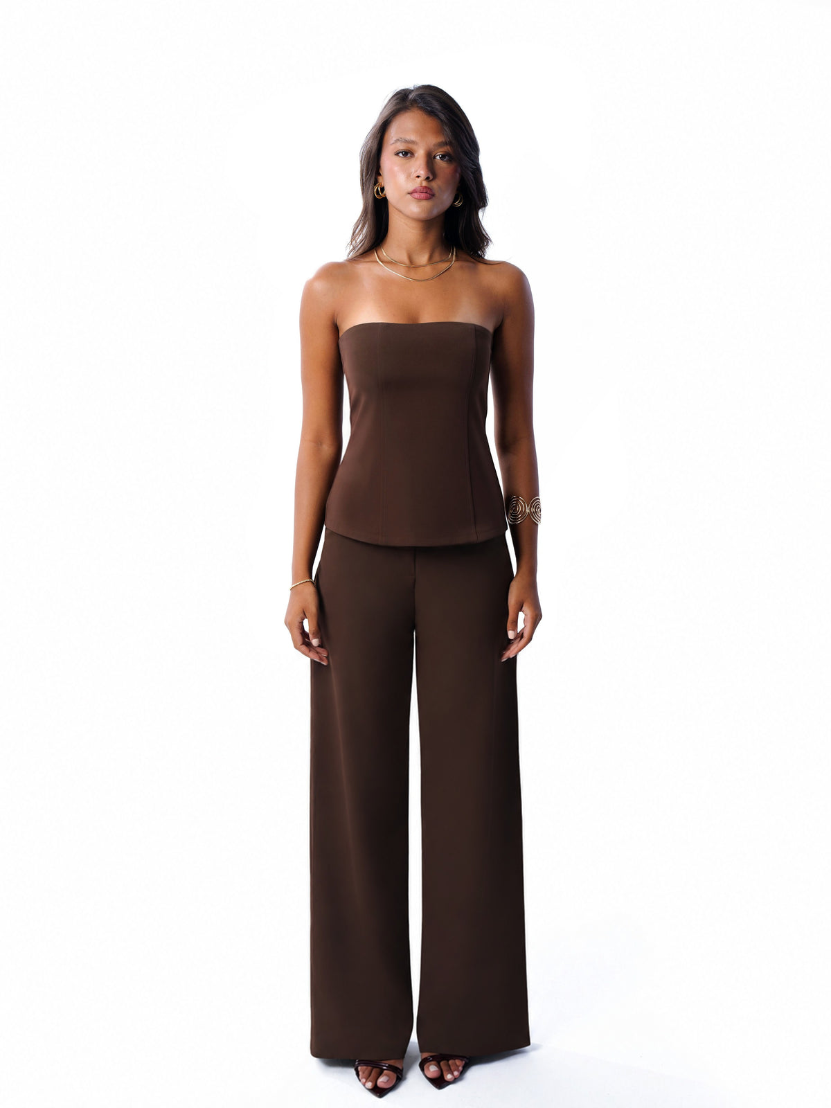 Brown strapless bustier and wide-leg trousers, front view