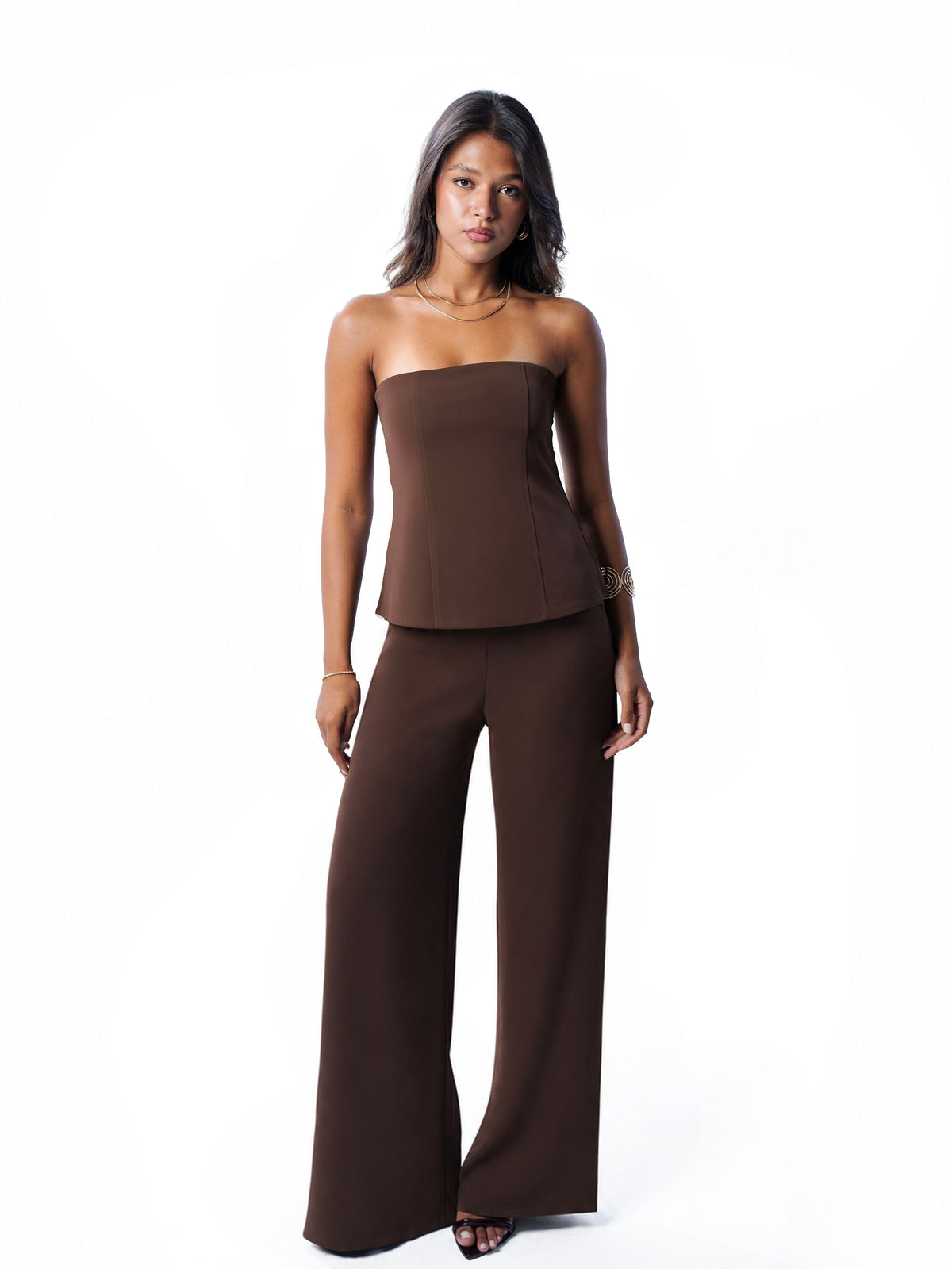 Brown bustier and trouser set, front view angled