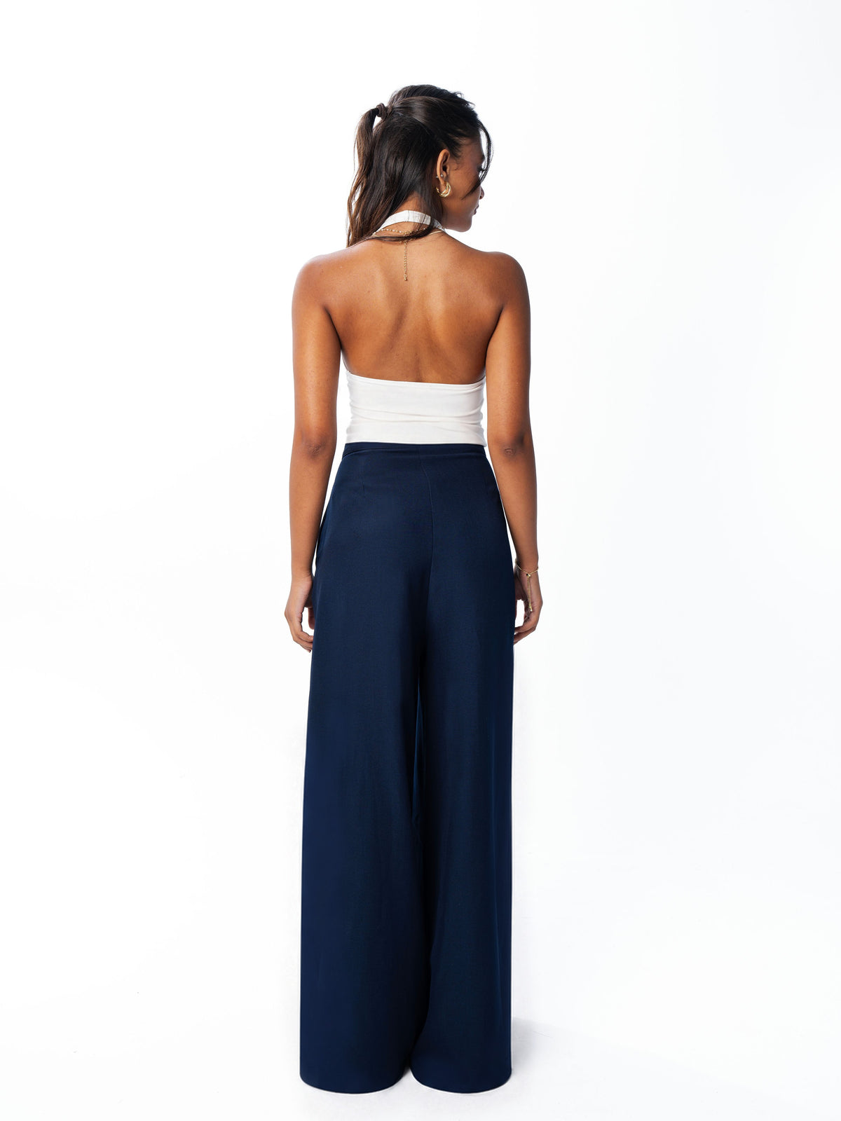 Navy pleated wide-leg trouser, back view