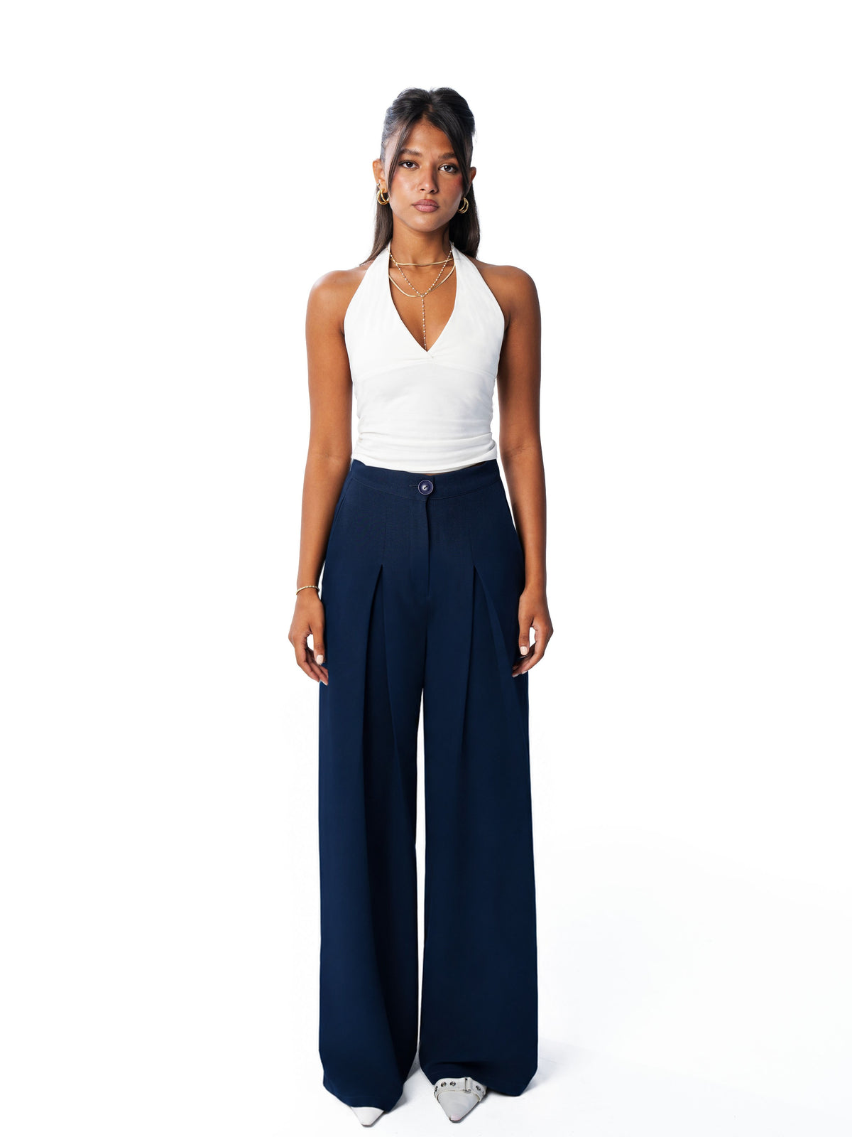 Navy pleated wide-leg trouser, front view