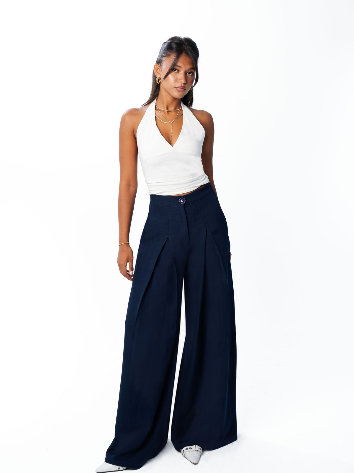 Navy pleated wide-leg trouser, front view angled