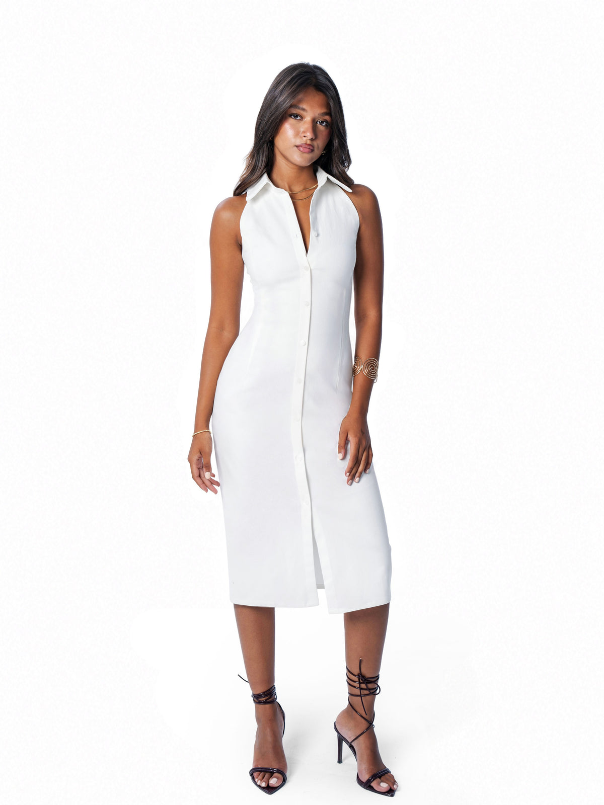 White sleeveless collared midi shirt dress, front view